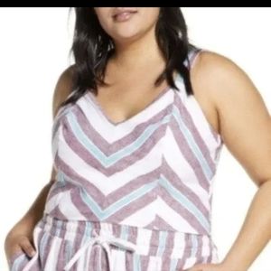 BP Linen Mitered Red Stripe Crop V-Neck Tank Top